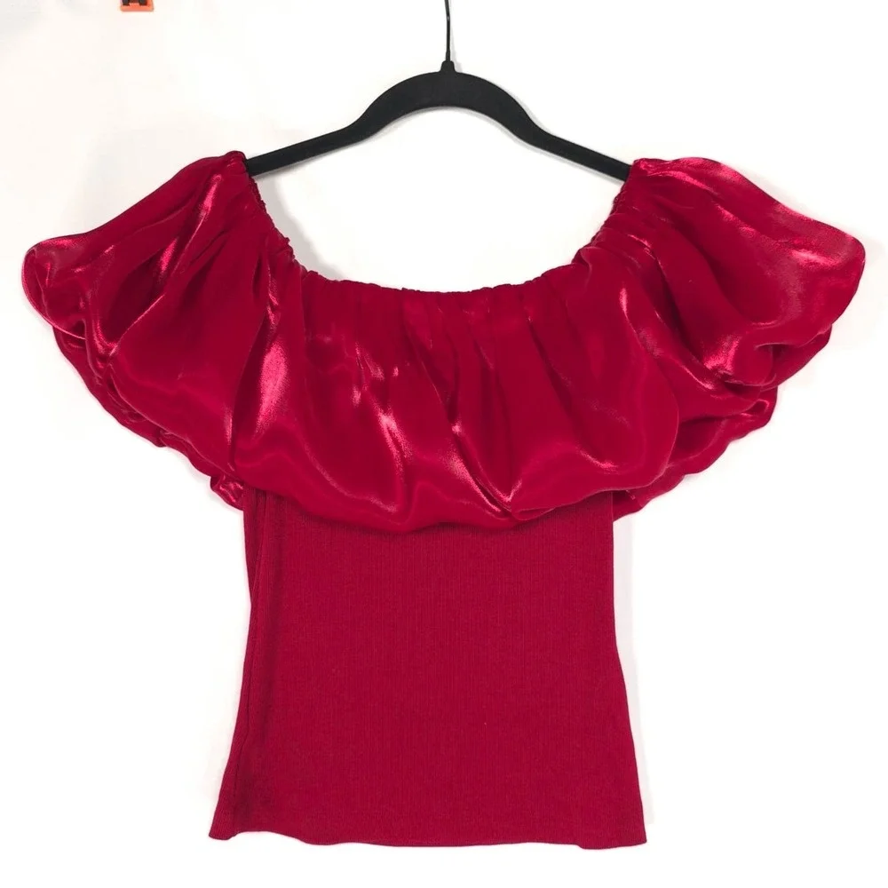 ANTHROPOLOGIE Blnk LONDON New Flattering OffShoulder SMALL Bubble Top Blouse Red - Picture 8 of 15